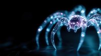 Glowing digital spider silhouette with neon blue light effects against dark background creates futuristic technological concept for cybersecurity and network protection.