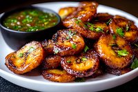 Caramelized plantains with honey glaze served on white plate with spicy green sauce, garnished with fresh herbs. Close up view of traditional Caribbean dish.