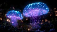 Glowing bioluminescent jellyfish with magical blue and purple lights floating in dark mystical forest environment amid sparkling bokeh effects and ethereal atmosphere.