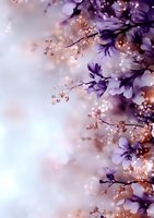 Dreamy purple flowers and delicate rose gold branches create magical border composition against soft blurred background with sparkling bokeh lights and copy space.