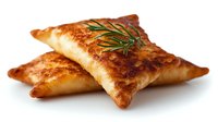 Golden crispy baked pastry pockets with flaky crust, garnished with fresh rosemary sprig, isolated on white background.