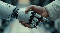 Human hand shaking robotic hand in futuristic partnership concept showing collaboration between artificial intelligence and humanity in modern technology.