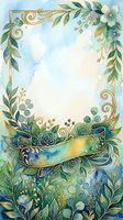 Watercolor floral frame with gold ornaments, blue roses, green leaves, and a ribbon banner on a soft pastel background for cards and invitations.