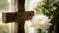 Rustic wooden cross with white chrysanthemum flower in peaceful memorial setting. Spiritual remembrance, faith, hope, and eternal love concept.