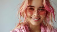 Young Caucasian woman with pink dyed hair and round glasses smiling warmly at camera. Natural soft lighting highlights her genuine expression and trendy style.