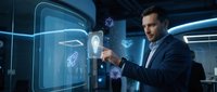 Professional businessman in suit interacting with futuristic holographic interface displaying digital icons and data visualization in modern office.