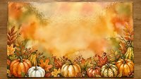 Autumn harvest border with pumpkins, gourds and fall leaves on textured golden background for seasonal greeting cards and thanksgiving decorations.