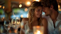 Romantic couple enjoying intimate dinner date at restaurant with candlelight and bokeh lighting creating magical atmosphere perfect for romance, anniversary or engagement concepts.