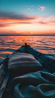 Wooden boat with striped cushion floating on calm water during dramatic orange and teal sunset. Peaceful lake view with vibrant sky reflections on rippling surface.