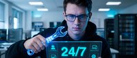 Young Caucasian male IT specialist in glasses working with holographic security interface displaying 24/7 support in modern data center office.