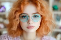 Young woman with bright ginger curly hair wearing trendy round blue glasses and natural makeup, looking directly at camera against blurred background.