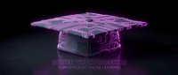 Digital graduation cap with glowing purple circuit patterns on dark background representing online education technology and e-learning achievement.