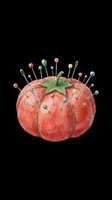 Red tomato-shaped pincushion with colorful pins and green leaf top, isolated on transparent background. Ready for clipart, t-shirt design, stickers, print-on-demand, and sublimation projects.