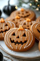 Gingerbread jack-o-lantern cookies with white icing drizzle on plate, Halloween baking treats with carved pumpkin faces and festive autumn decorations.