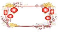 Traditional Chinese New Year frame with red lanterns, golden clouds, cherry blossoms and decorative border for festive greeting cards and celebrations.