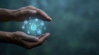 Hands holding glowing water droplet icons representing conservation, sustainability, and environmental protection for eco-friendly business concepts.
