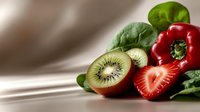 Sliced kiwi fruit and fresh red bell pepper with strawberry halves arranged on green leaves against neutral background for healthy eating and nutrition content.