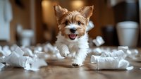 Playful Yorkshire terrier puppy running through scattered toilet paper on wooden floor, showing happy expression with tongue out in warm home setting.