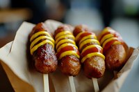 Grilled sausages on wooden skewers with spiral yellow mustard lines served in brown paper, close-up view of street food snack at outdoor festival.