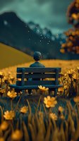 Person sitting alone on wooden bench surrounded by yellow wildflowers at dusk, watching glowing fireflies dance against mountain backdrop in dreamy scene.