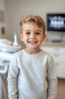 Cheerful Caucasian boy wearing light gray sweatshirt smiling at camera in dental office setting. Natural lighting highlights genuine expression and modern interior.