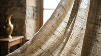 Natural linen curtain fabric flowing in warm sunlight by rustic stone wall, creating cozy home interior atmosphere for textile and decor projects.