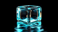 Glowing turquoise ice cube with transparent glass effect on black background, dramatic lighting creates reflective surface and neon blue highlights. For modern design.