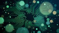 Circuit board pattern with glowing green and blue bokeh lights on dark background, representing digital technology, artificial intelligence, data processing, and network connectivity for tech industry applications.