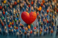 Large red heart shape floating above diverse crowd of miniature people, symbolizing community love, unity and social connection. Selective focus on heart against blurred background.