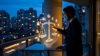 Young South Asian businessman in suit interacting with glowing holographic scales of justice on urban balcony at dusk, symbolizing legal technology.