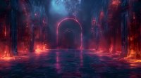 Futuristic neon portal in dark cyberpunk corridor with glowing red and blue lights, reflective wet floor and mysterious atmospheric fog perfect for gaming or sci-fi background design.