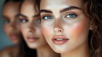 Young woman with fair skin, light blue eyes, and natural freckles across her nose and cheeks, wearing subtle makeup. Brown wavy hair frames her face. Additional blurred figures appear in background. Suitable for beauty, skincare, cosmetics, and portrait projects.