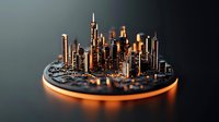 Futuristic metallic copper cityscape on circular platform with glowing orange base against dark background, showcasing modern urban architecture and skyscrapers.