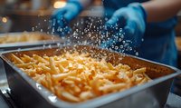 Chef in blue gloves seasoning fresh hot french fries with salt, creating dynamic splash effect in commercial kitchen, close-up view of food preparation.