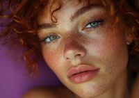 Close-up portrait of young woman with curly red hair, freckles, and blue eyes against purple background. Natural beauty concept for cosmetic advertising.