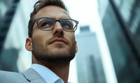 Confident Caucasian businessman wearing glasses gazes upward against urban backdrop of modern office buildings, portraying leadership and success in corporate setting.