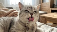 Gray tabby cat yawning with pink tongue showing while lying on cozy knitted blanket in warm sunlit living room interior.