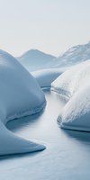 Serene winter landscape with snow-covered hills and frozen river creating natural curves and patterns in soft blue tones, reflecting peaceful arctic environment.
