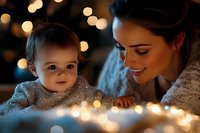 Young mother of Caucasian ethnicity and toddler son enjoying festive holiday lights together, creating warm family bonding moments during Christmas celebrations.