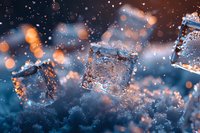 Frozen ice cubes with water drops and bokeh lights creating magical winter atmosphere in blue and orange tones, macro photography with selective focus.