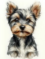 Adorable Yorkshire Terrier puppy portrait with detailed fur texture in gray, black and tan colors on light background, isolated artwork for decorative use.
