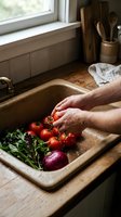 Adult male hands washing fresh tomatoes and red onion in ceramic sink by kitchen window with natural light, food preparation and cooking.