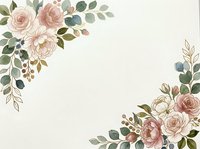 Watercolor roses and eucalyptus leaves arranged in corners on cream background, suitable for wedding invitations and greeting cards.