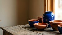 Handcrafted ceramic pottery collection with terracotta bowls and blue glazed jar on rustic wooden table by sunlit window for artisan home decor.