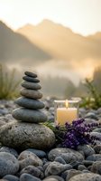 Zen stone stack with burning candle and lavender flowers on pebbles at sunset, meditation and spa wellness concept for relaxation and mindfulness practices.