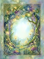 Enchanted forest portal with magical trees, ferns and glowing lights in ornate golden frame. Fantasy woodland gateway with mystical atmosphere and fairy tale elements.