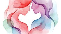 Watercolor heart shape formed by flowing ribbons in pink, purple and teal colors on white background, symbolizing love and connection for romantic designs.