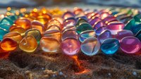 Colorful translucent glass marbles arranged on sand at sunset, creating magical light refraction and bokeh effects with orange sunlight glowing through spheres.