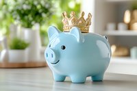 Light blue ceramic piggy bank wearing golden crown on white table with blurred home interior background, representing wealth management and savings goals.