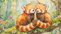 Two red pandas sit together on a branch surrounded by colorful flowers and foliage in this whimsical watercolor-style illustration for children's books and nursery decor.